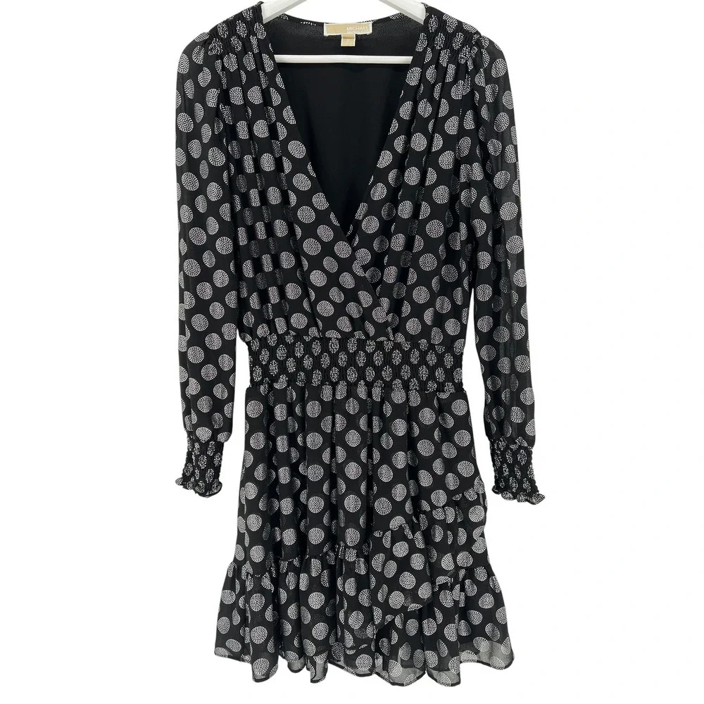 Michael Kors Dress Womens Medium Black Silver Polka Dot Smocked Ruffle Mini